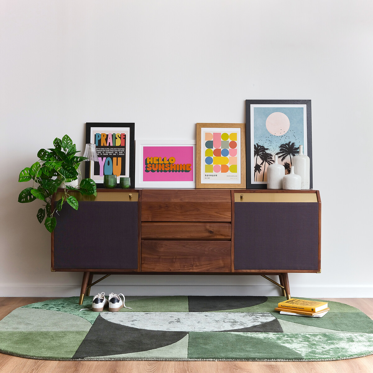 Ambrose Retro Solid Walnut Sideboard with Vinyl Storage brown , SO'HOME