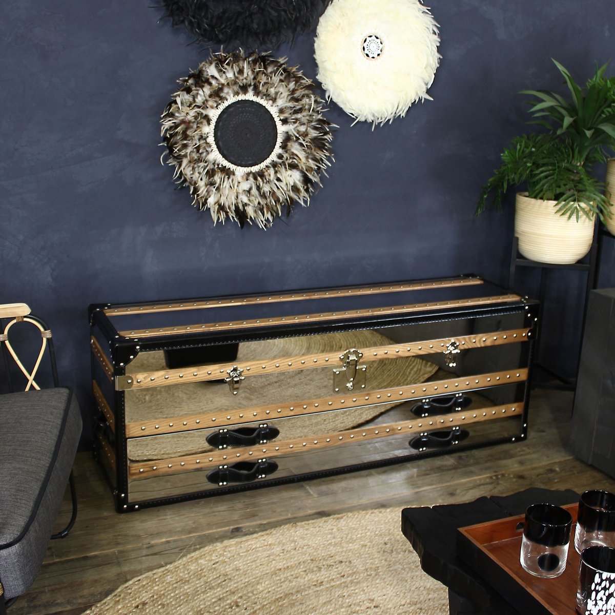 Commode basse 1 coffre 2 tiroirs en acier inoxydable et cuir marron-noir, NOW'S HOME