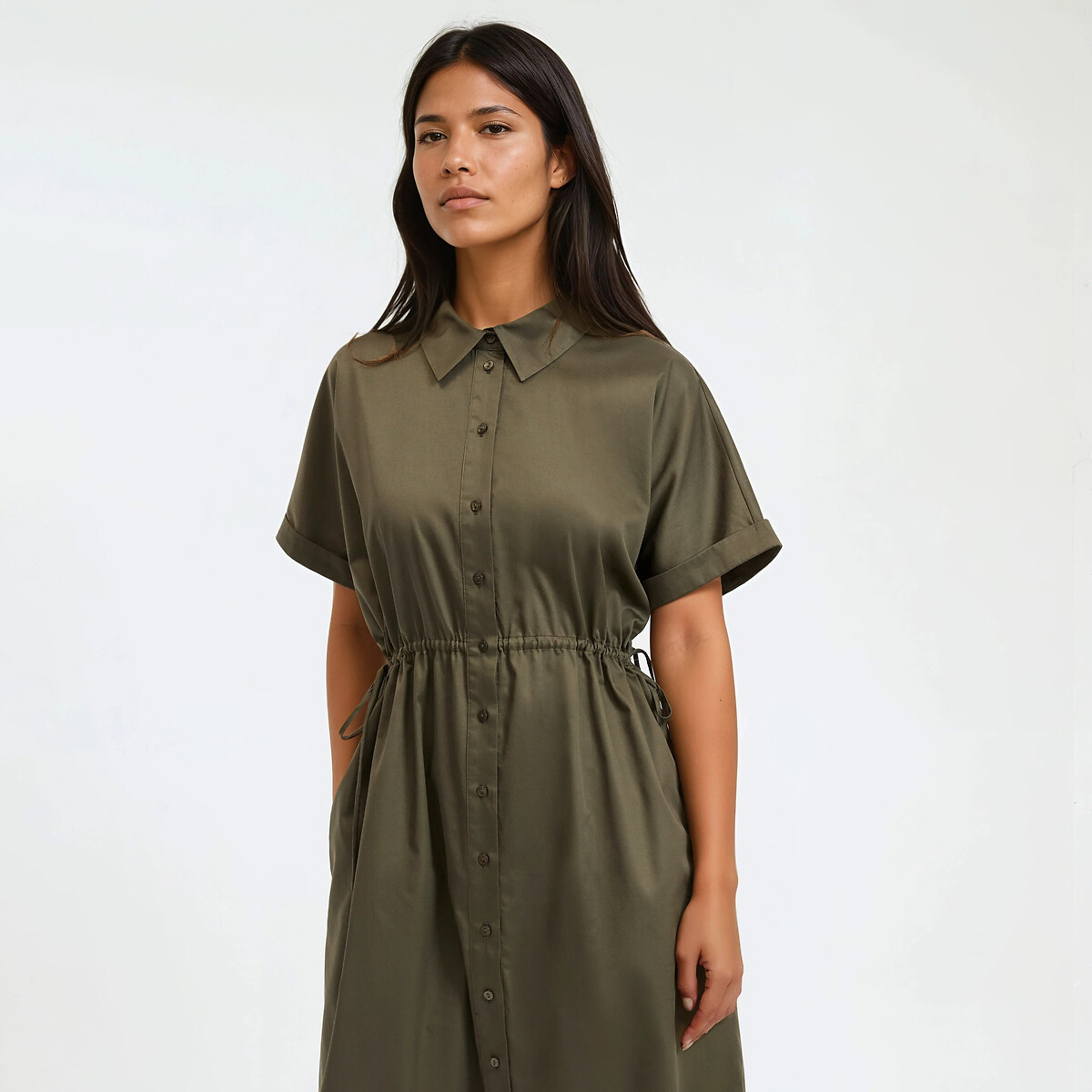 Robe longue resserrée à la taille, col chemise vert kaki, LA REDOUTE COLLECTIONS