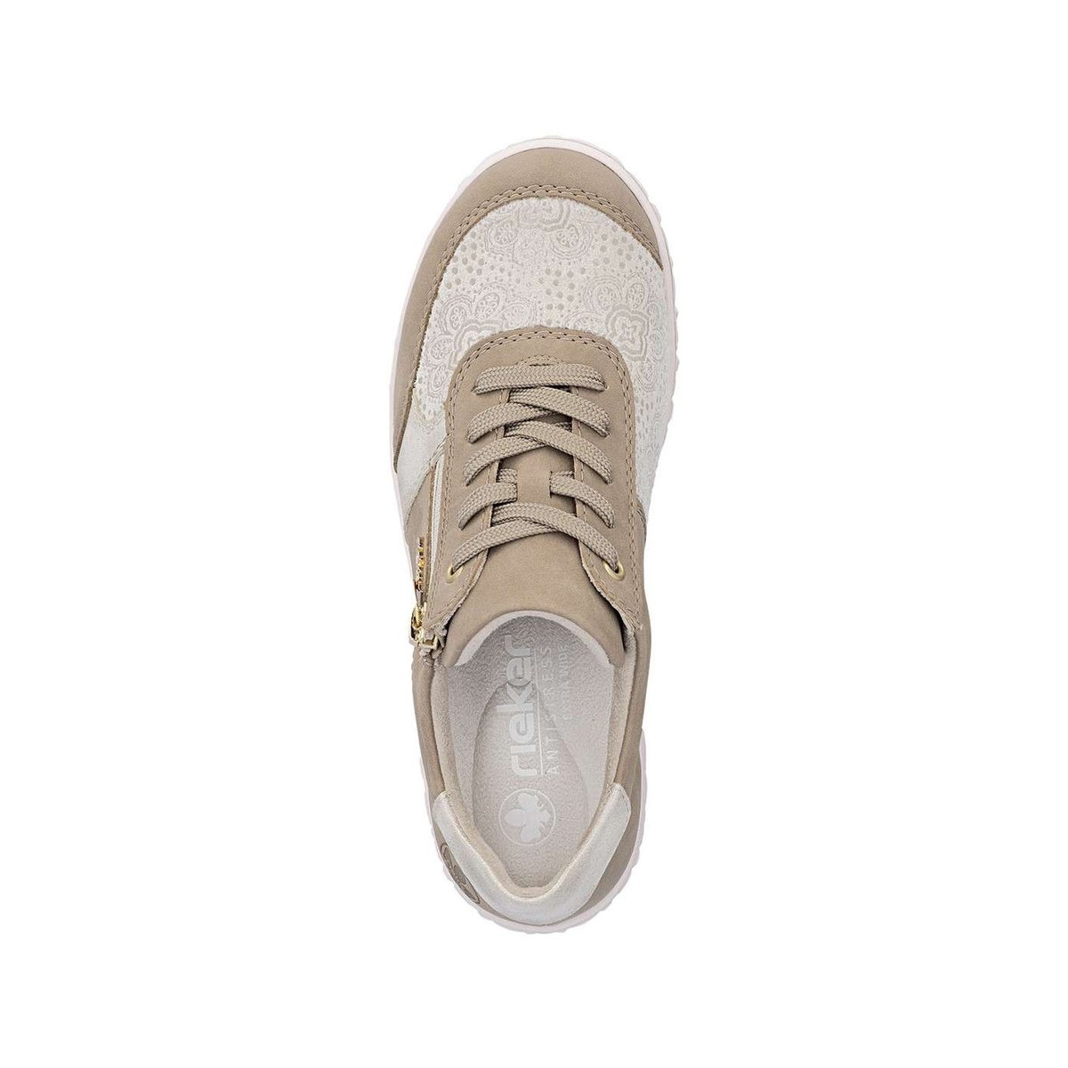 Baskets running taupe à talon plat avec des lacets et un zip latéral beige, RIEKER
