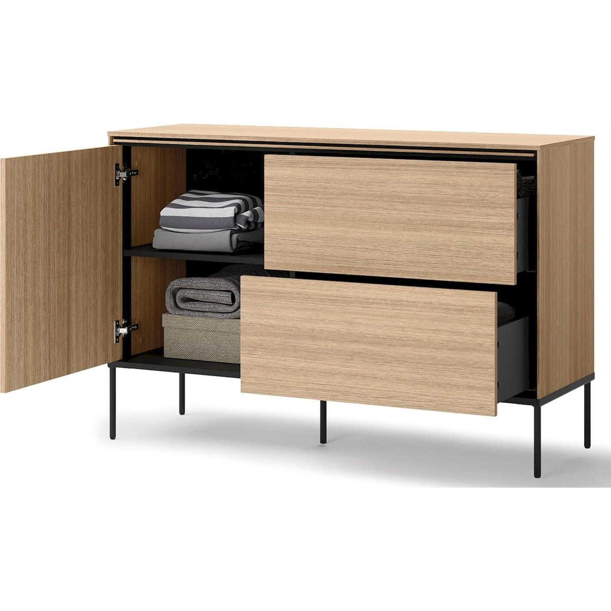 Commode 1 porte 2 tiroirs chêne collection VISSO chêne linéaire et noir, RECOLLECTION