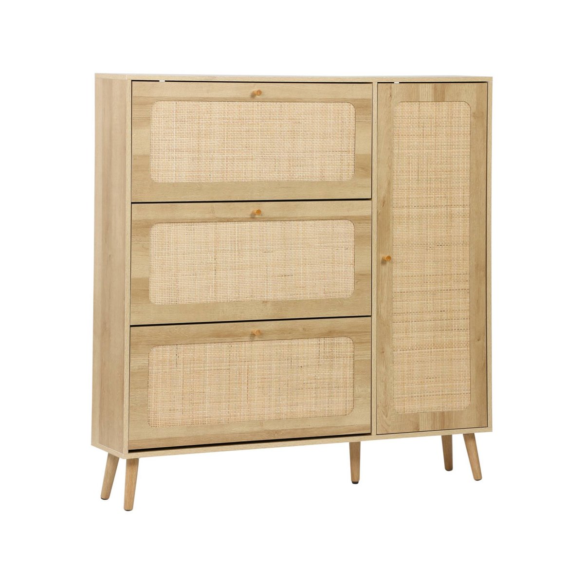 Meuble à chaussures décor bois et cannage 3 abattants 1 porte BOHÈME naturel, SWEEEK