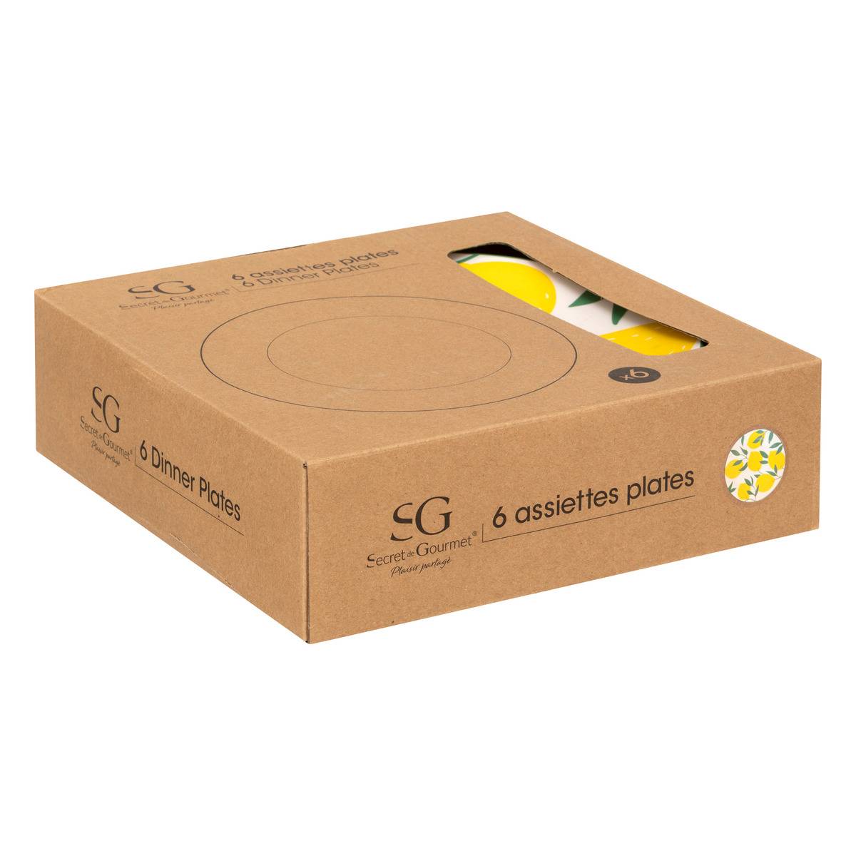 Lot de 6 assiettes plates en porcelaine CITRON blanc, SECRET DE GOURMET