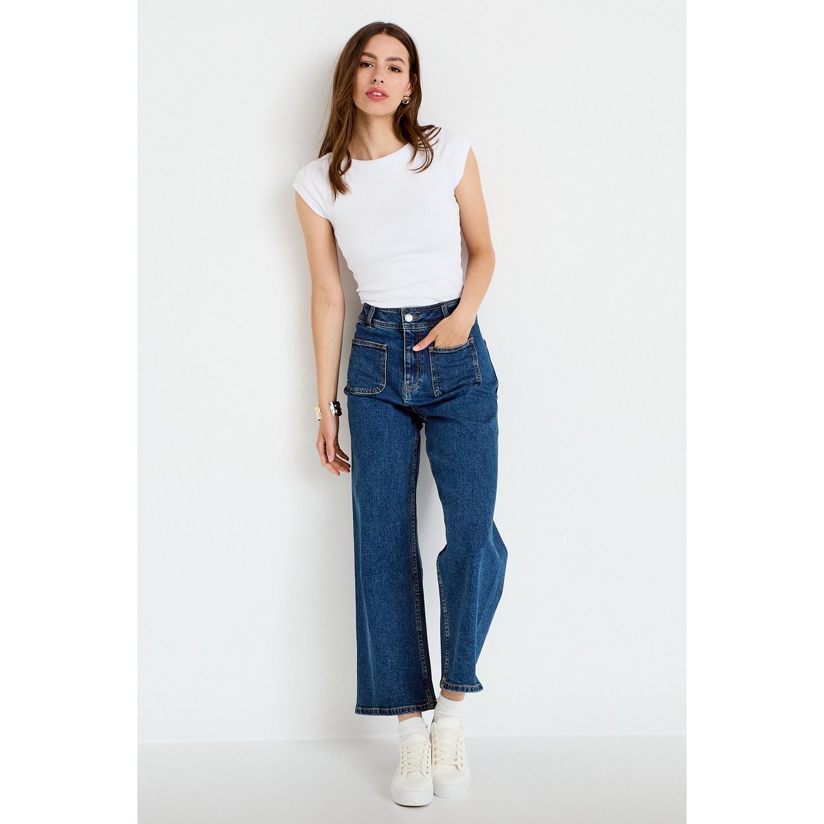 Jean wide leg cropped taille haute denim stone, CACHE CACHE