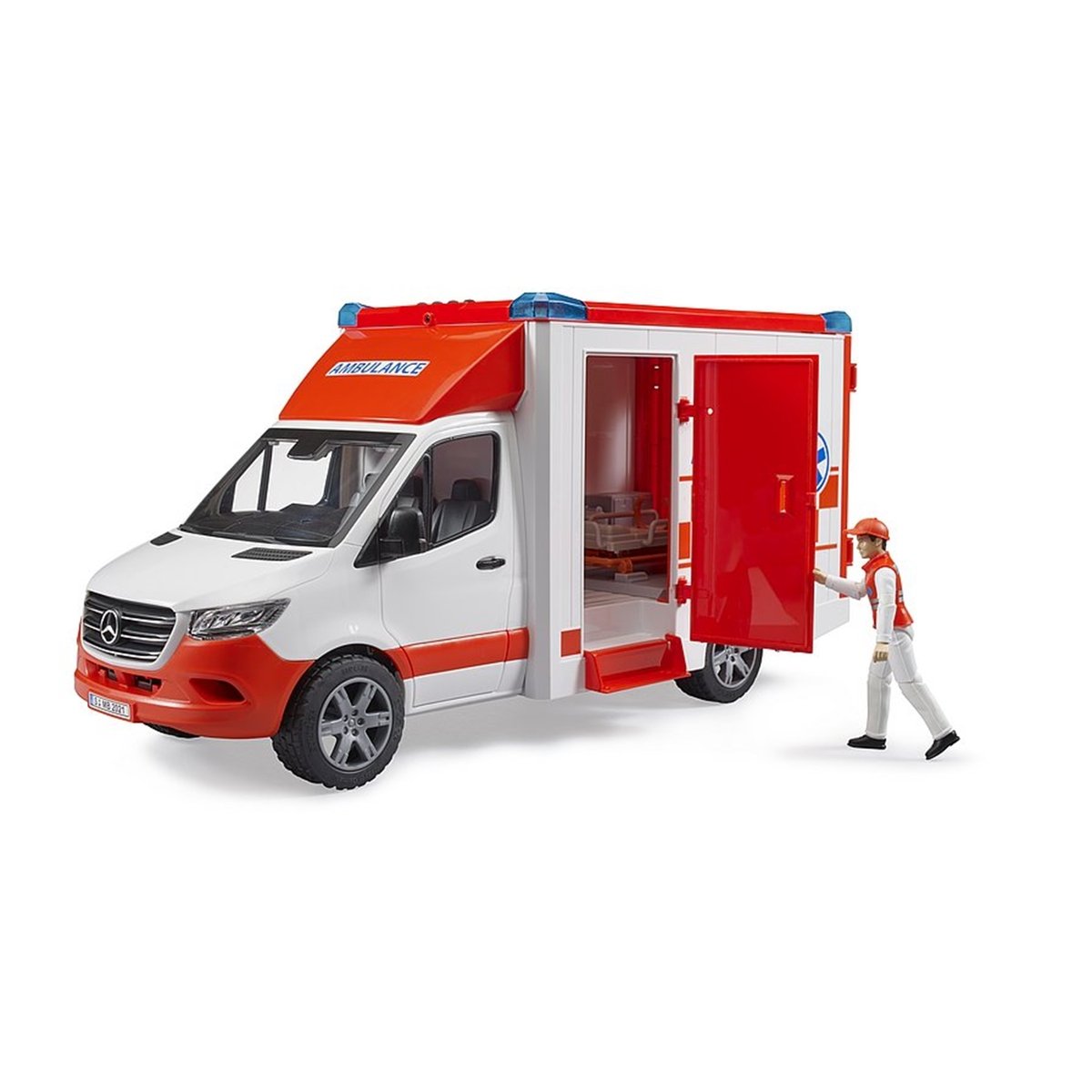 Véhicule Ambulance Mercedes Benz Sprinter avec conducteur et module son et lumière rouge et blanc, BRUDER