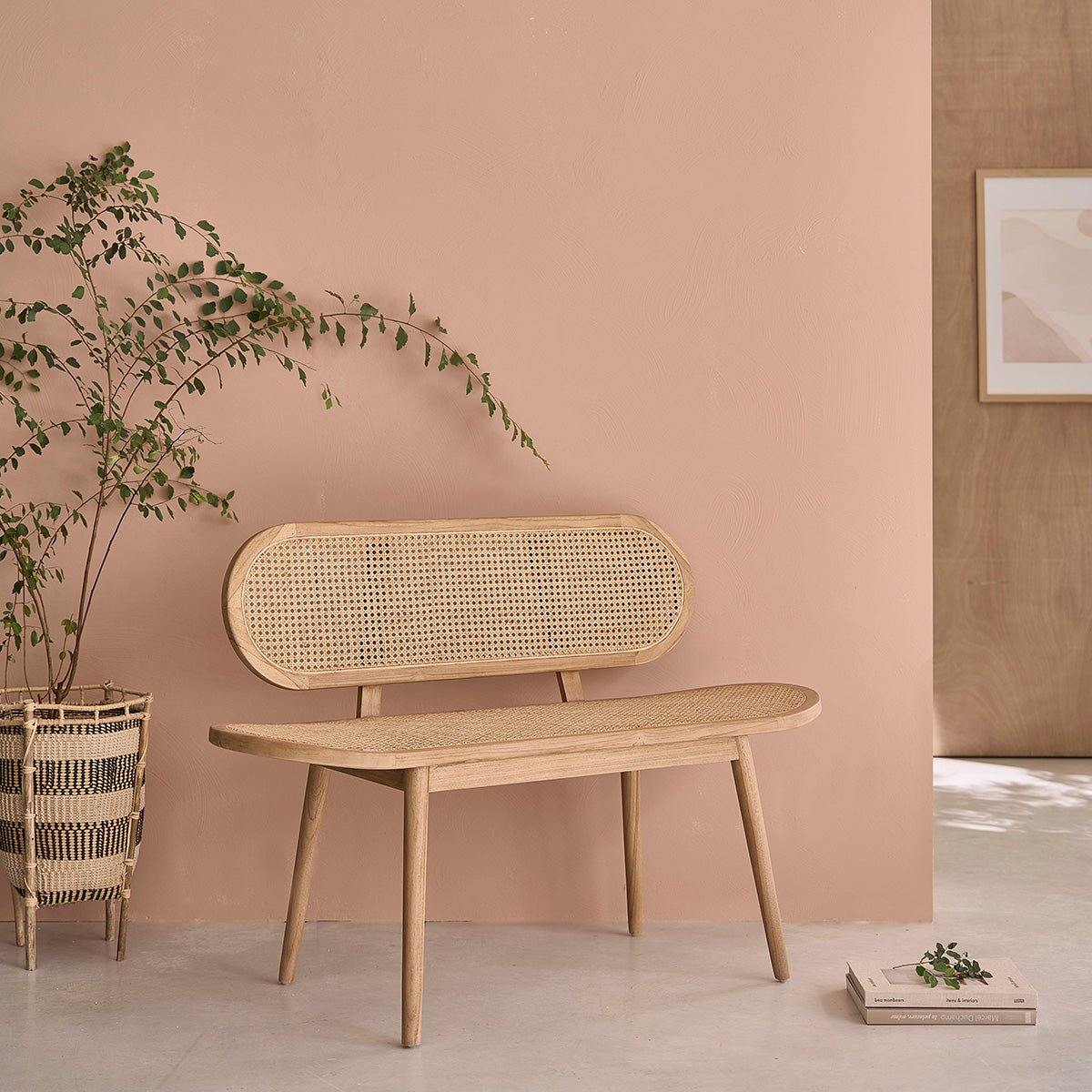 Banc en teck massif et cannage 120 cm LOÉ naturel, BERAH GETAH