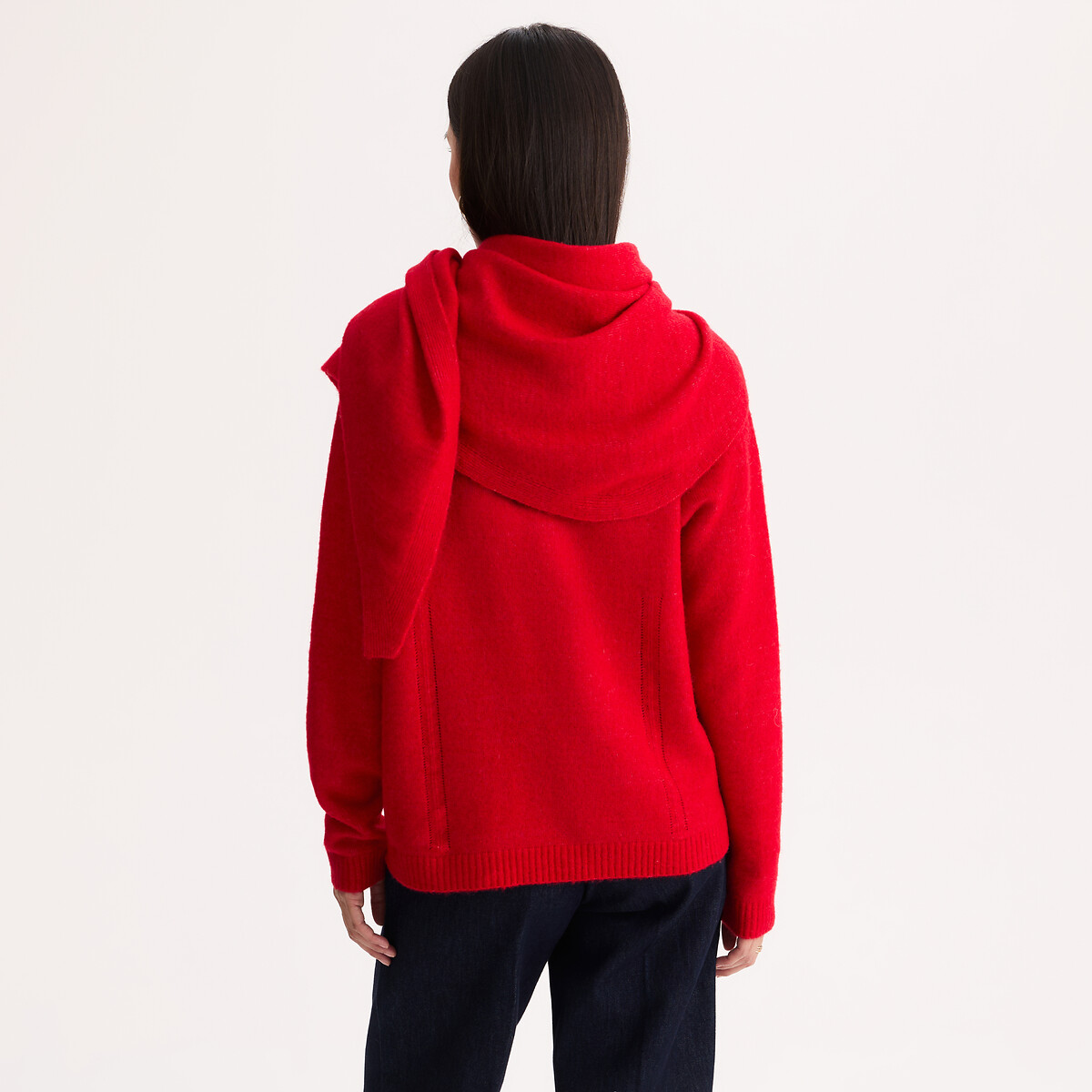Pull col rond, en maille fine, avec foulard amovible rouge chiné, ANNE WEYBURN