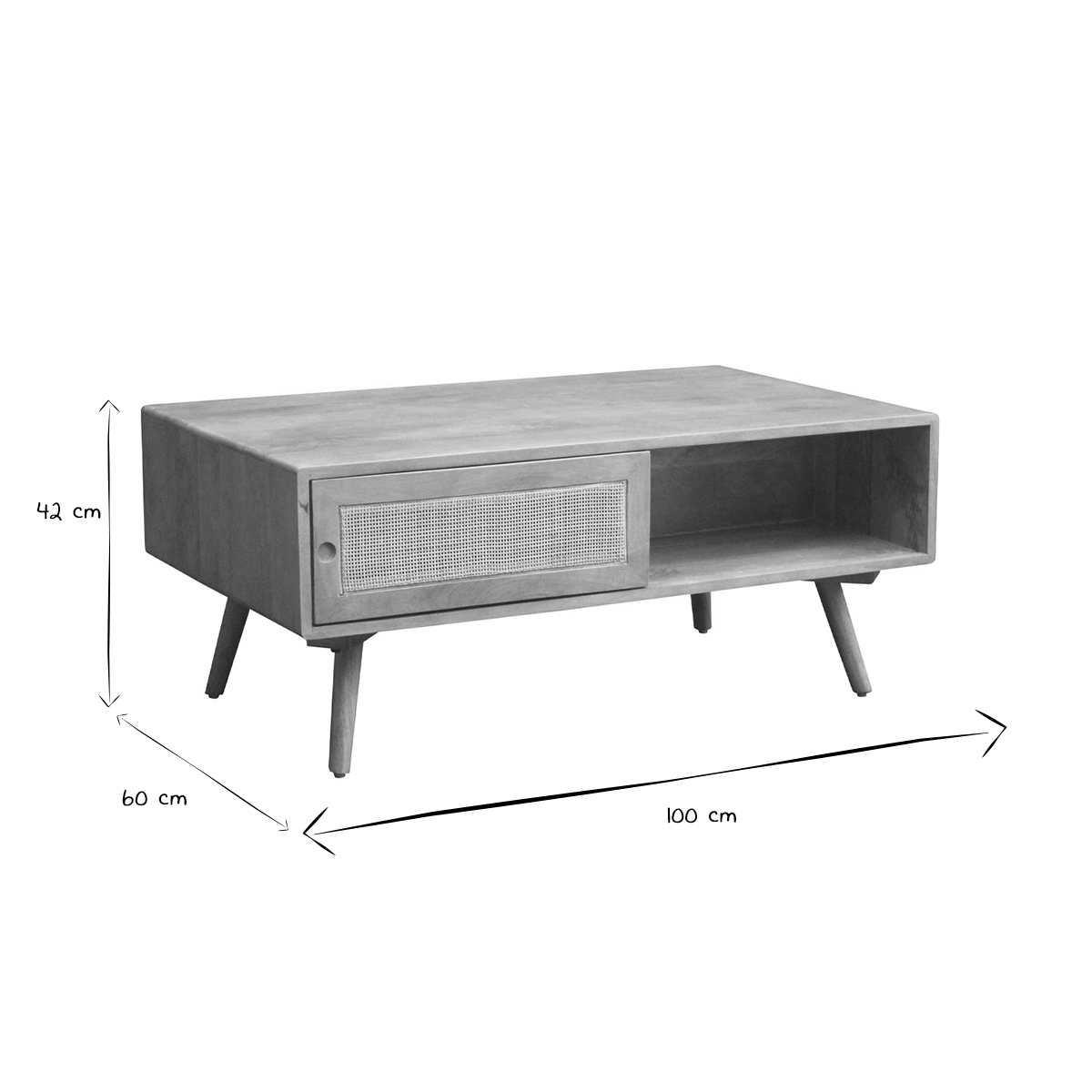 Table basse rectangulaire avec rangements en bois manguier massif et cannage rotin L100 cm ACANGE chêne clair, MILIBOO