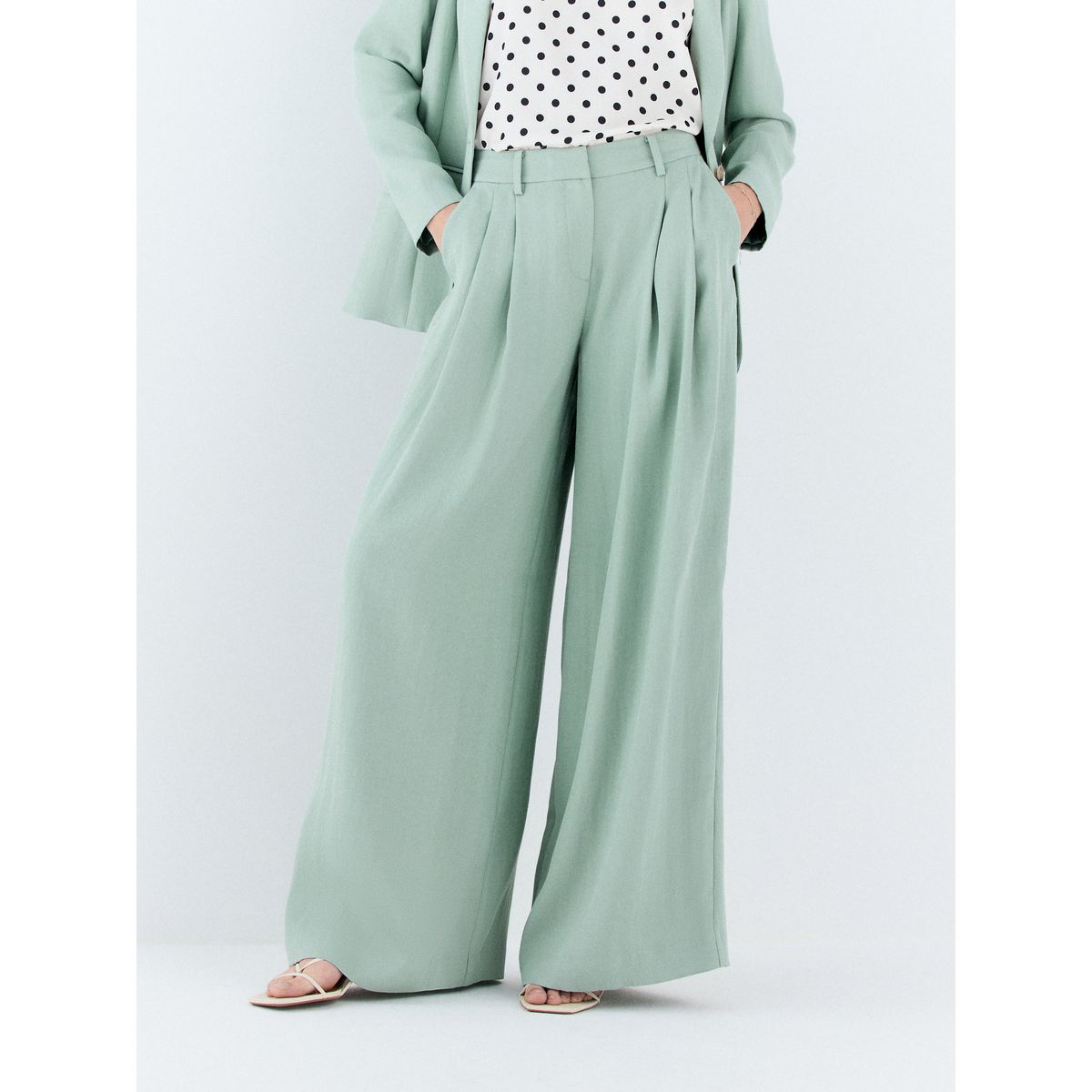 Pantalon palazzo effet froissé vert sauge, NEXT