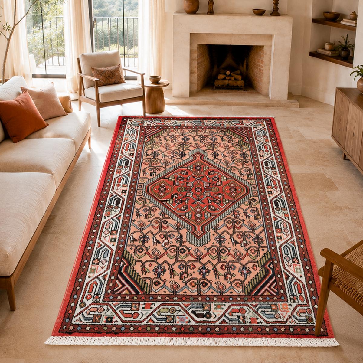 Tapis d'orient, motif oriental noué à la main, HAMADAN 29 rose, crème, rouge, UN AMOUR DE TAPIS
