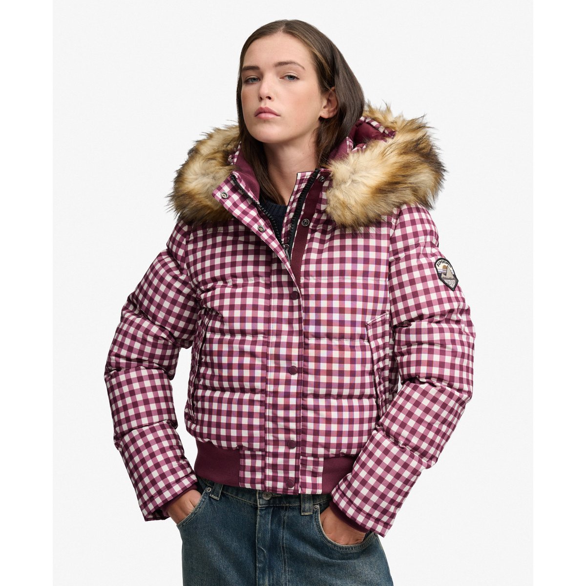 Veste Bomber Everest Check à Capuche Coupe Ajustée vichy mûre/crème, SUPERDRY