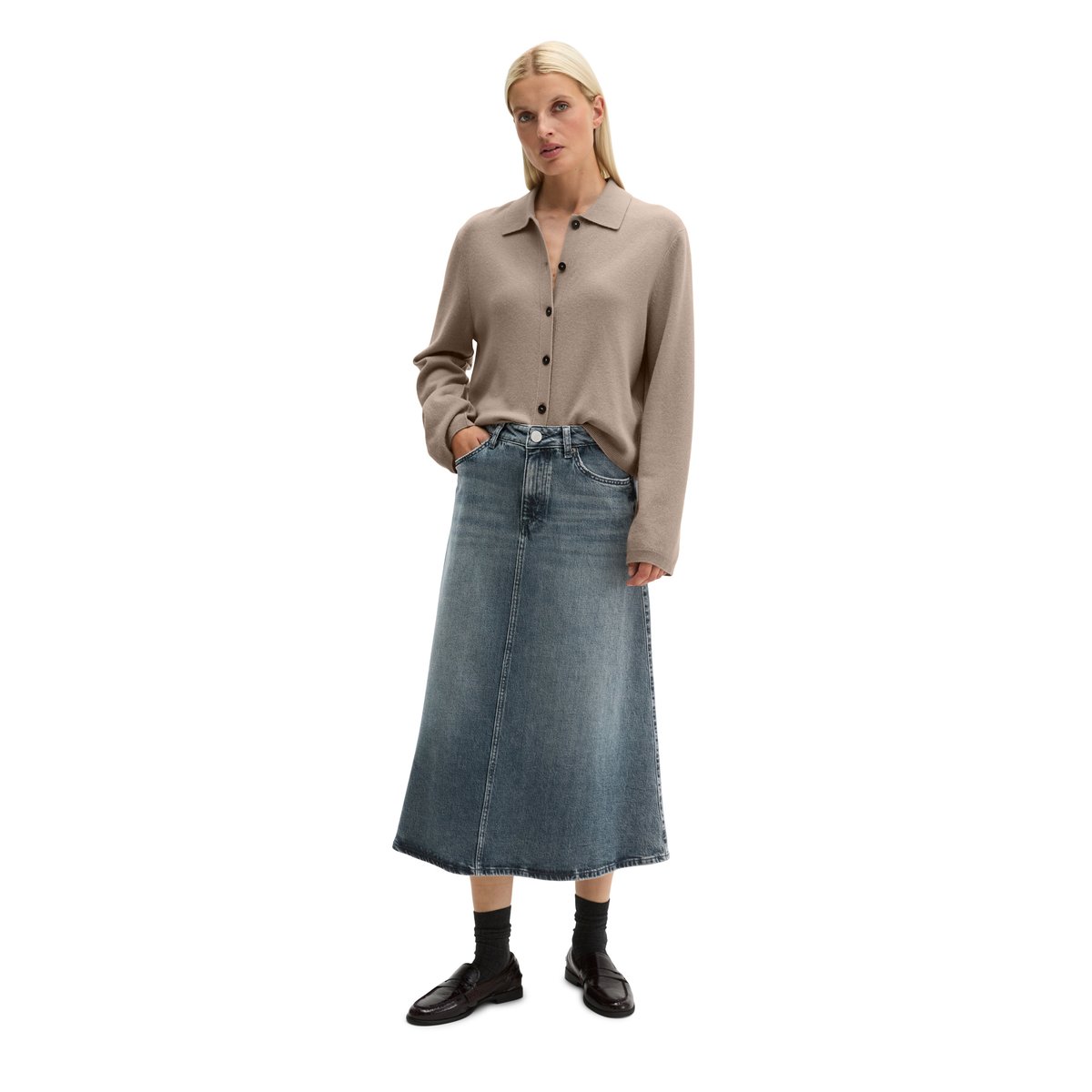 Jupe en jean évasée en un mélange doux de coton et de lyocell gris, MARC O'POLO