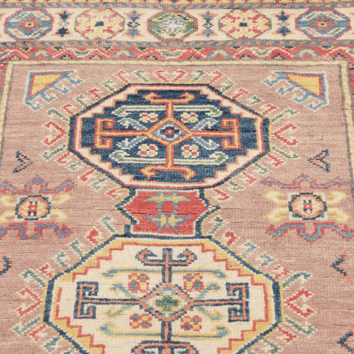 Tapis d'orient géométrique, noué main en laine, KAZAK CO 51 rose, bleu, crème, UN AMOUR DE TAPIS