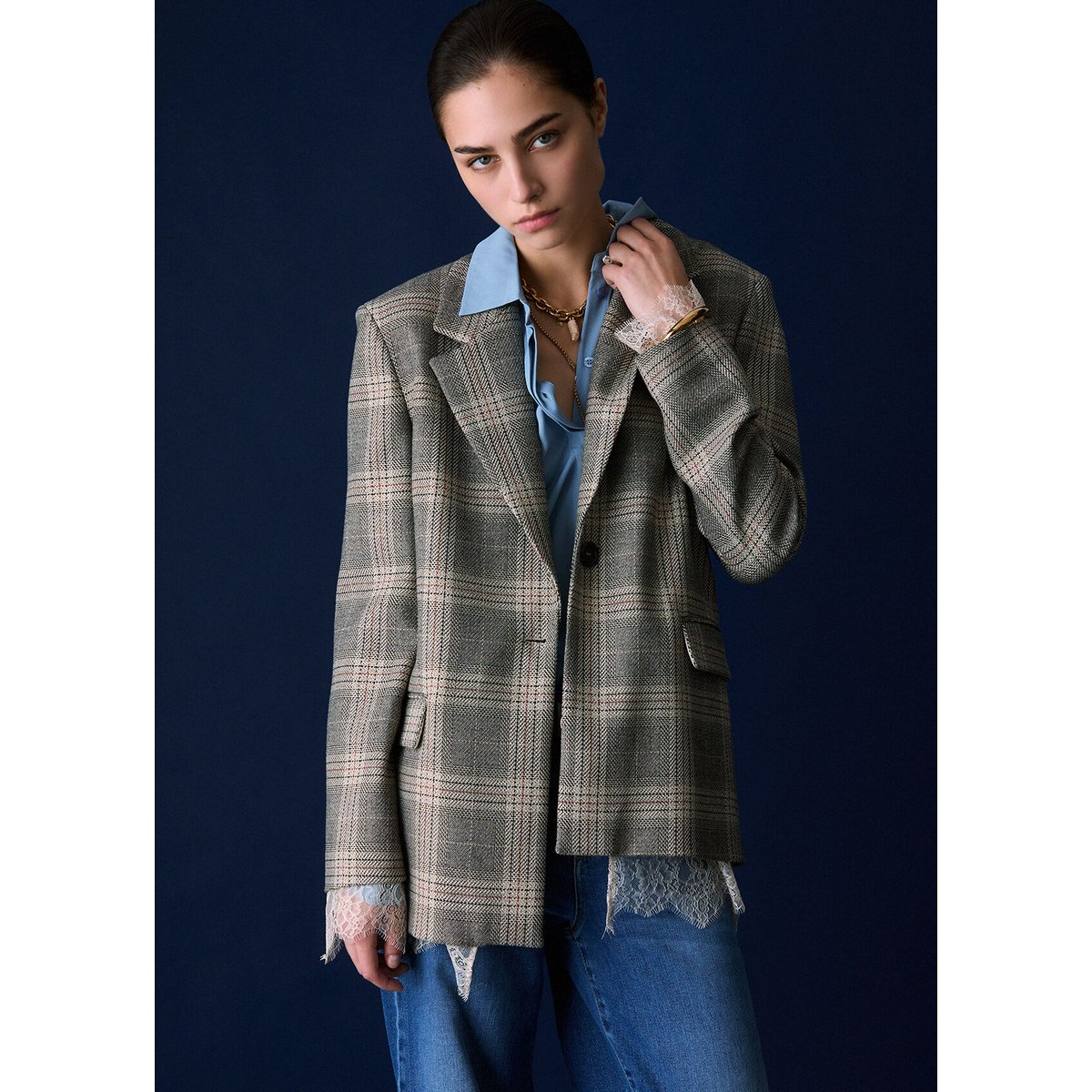 Blazer à carreaux avec détails en dentelle carreaux beiges, LIU JO
