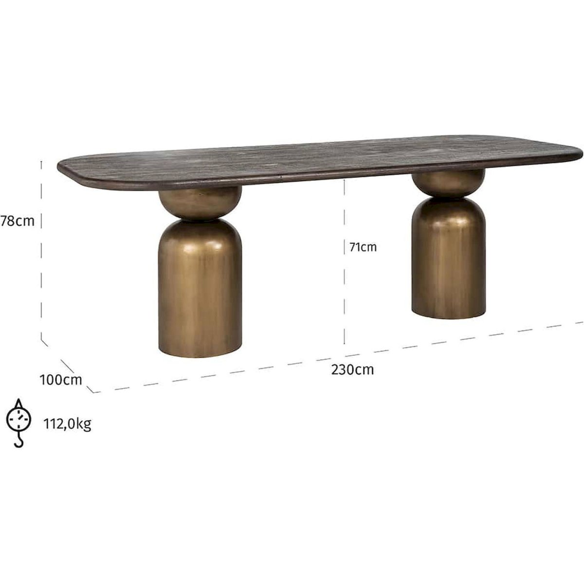 Table à manger en acacia massif brun antique et doré, RECOLLECTION