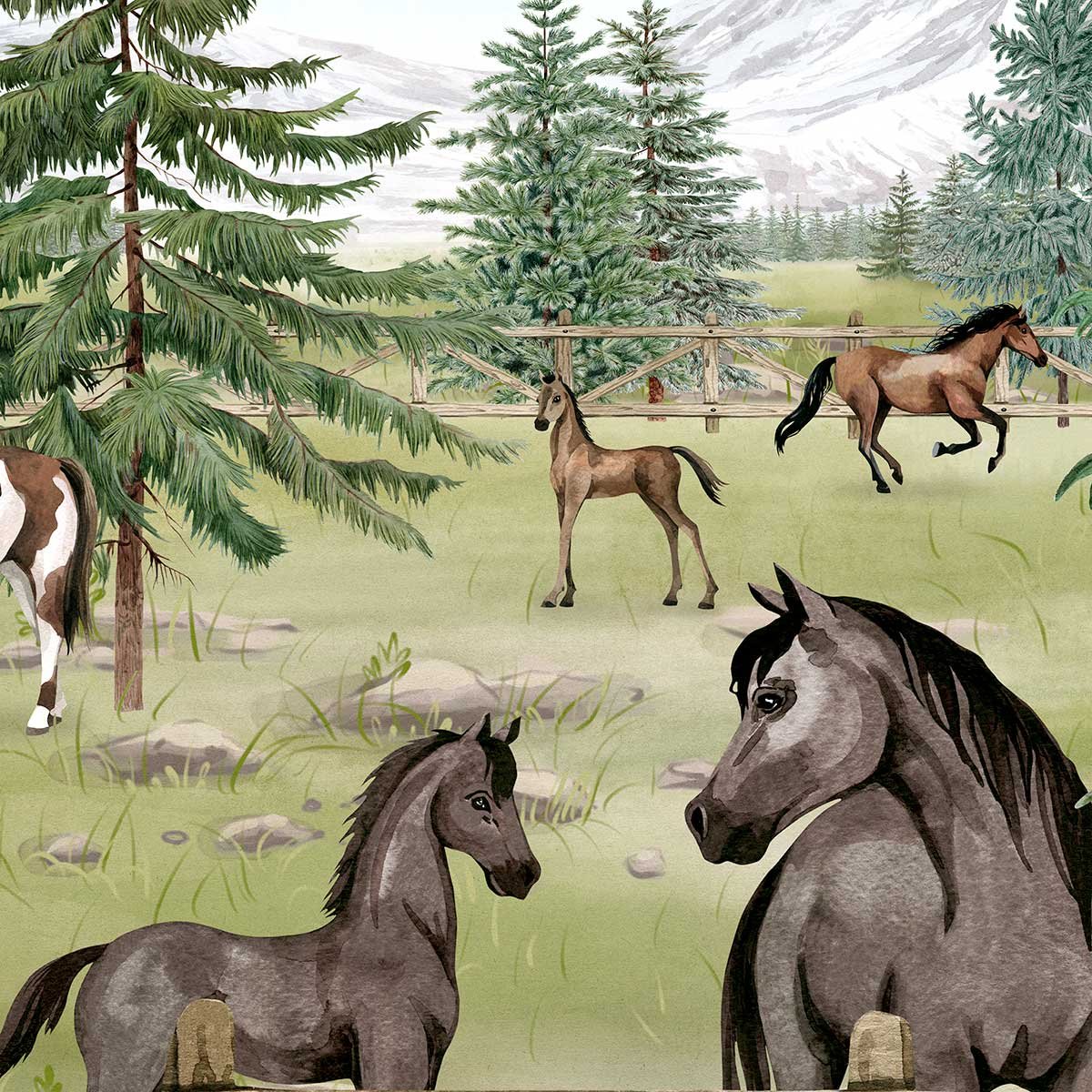Papier peint chevaux et western chambre garçon vert, HEXOA