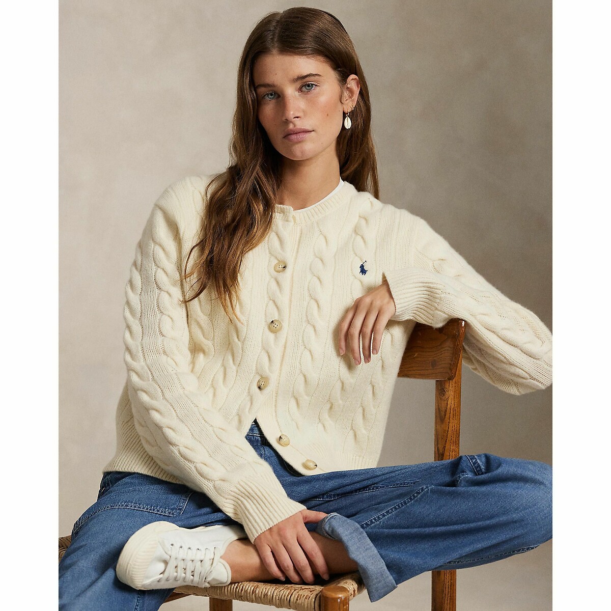 Cardigan en maille torsadée, 80% laine 20% cachemire crème, POLO RALPH LAUREN