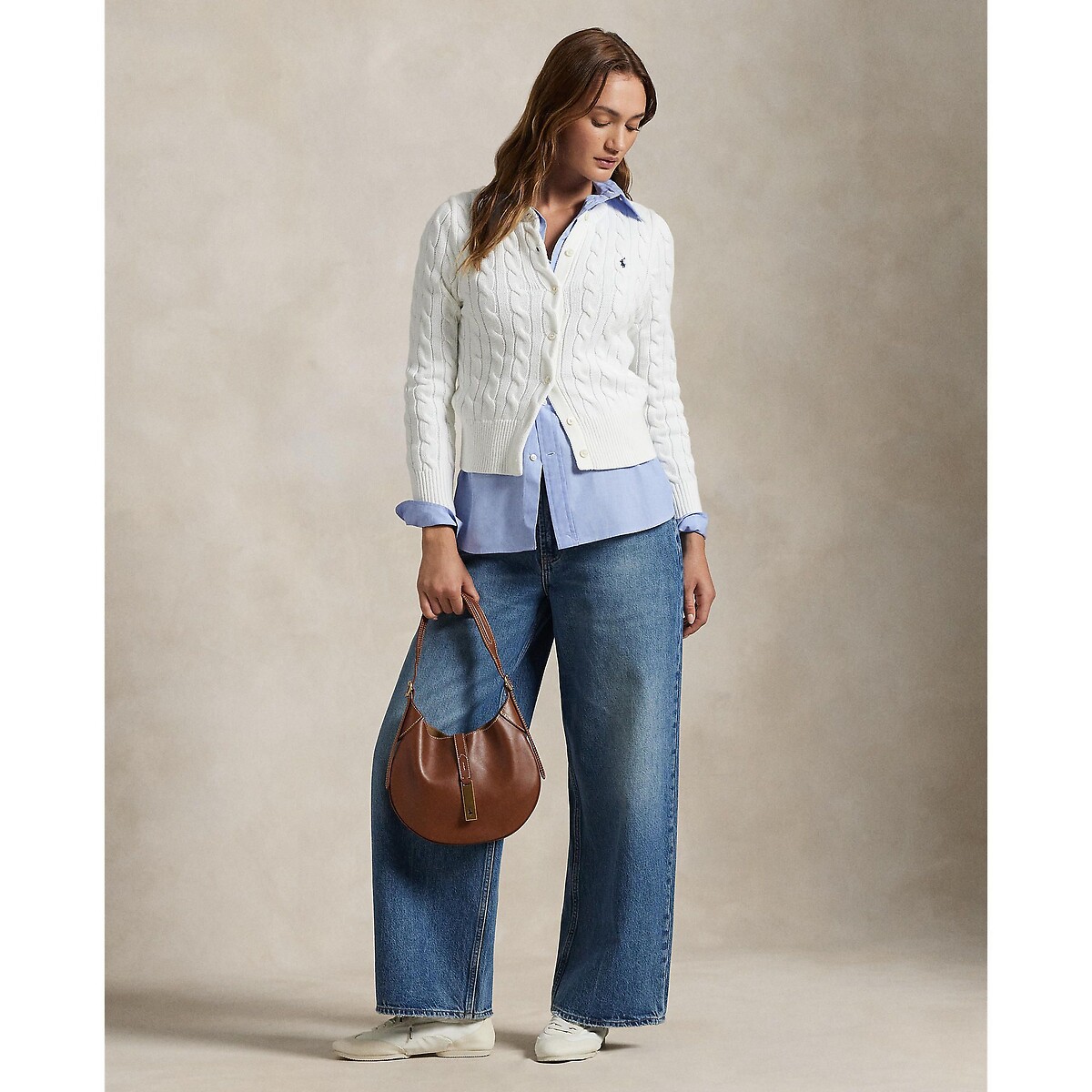 Cardigan à col rond et à manches longues, en maille torsadée blanc, POLO RALPH LAUREN