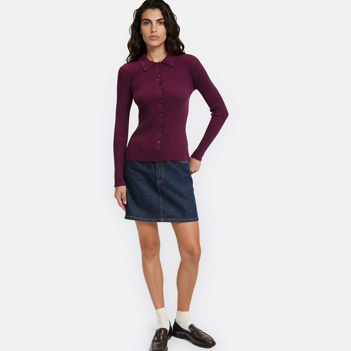 Polo Collar Cardigan in Fine Knit with Button Fastening purple/plum, LA REDOUTE COLLECTIONS