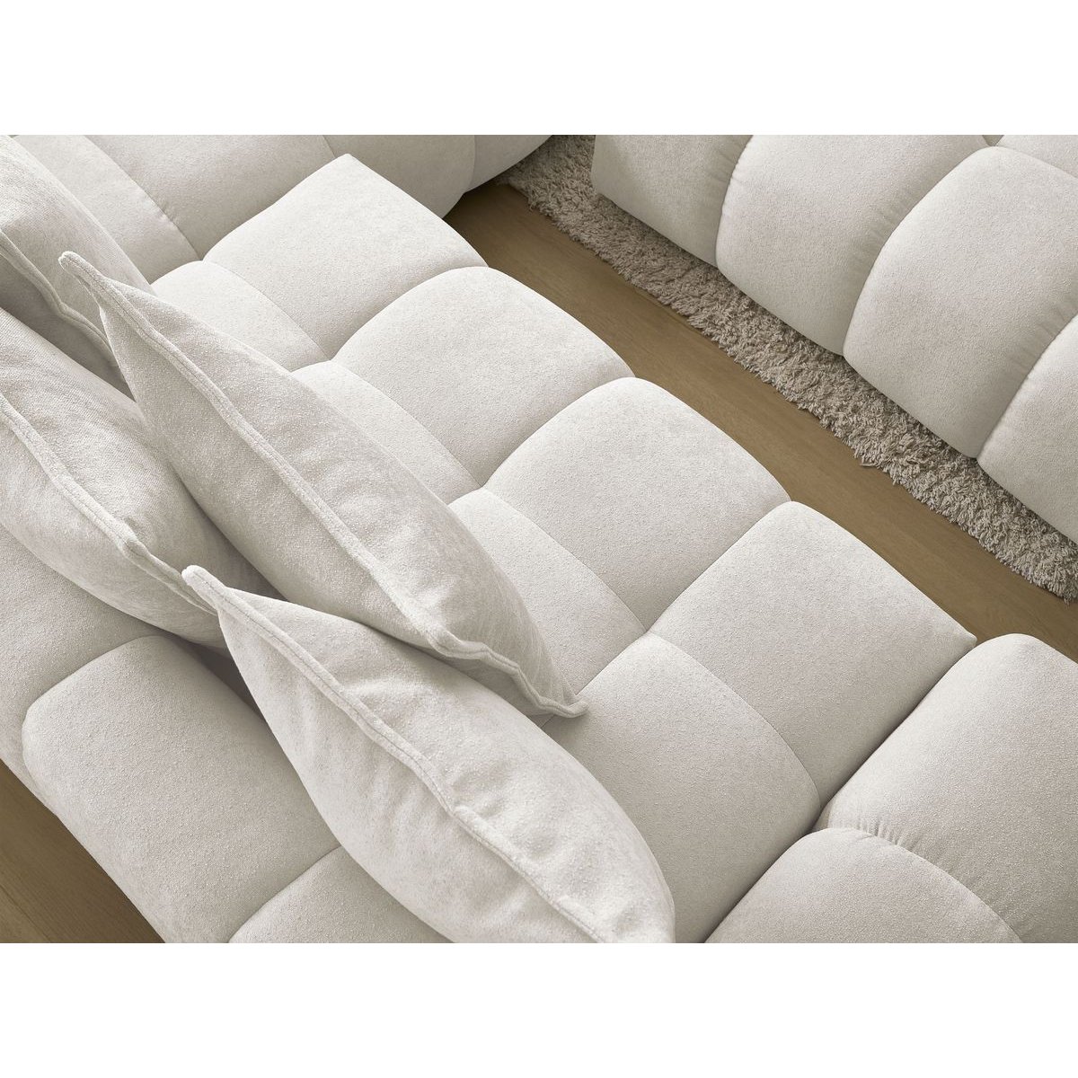 Canapé d'angle convertible 4 places en tissu texturé avec pouf, EVEREST blanc, BOBOCHIC