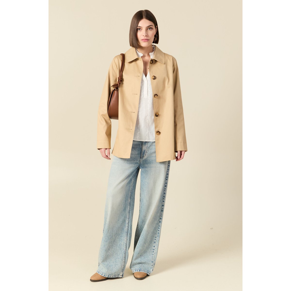 Blouse col mao manches longues en coton ecru, BONOBO