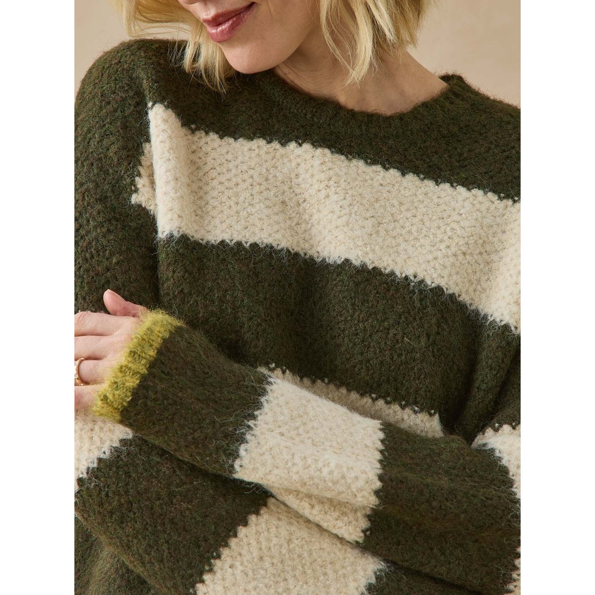 Pull court rayé col rond rayé kaki, DAXON