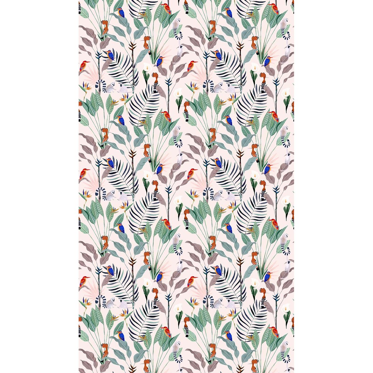 Papier peint oiseaux et lémuriens intissé, HEXOA