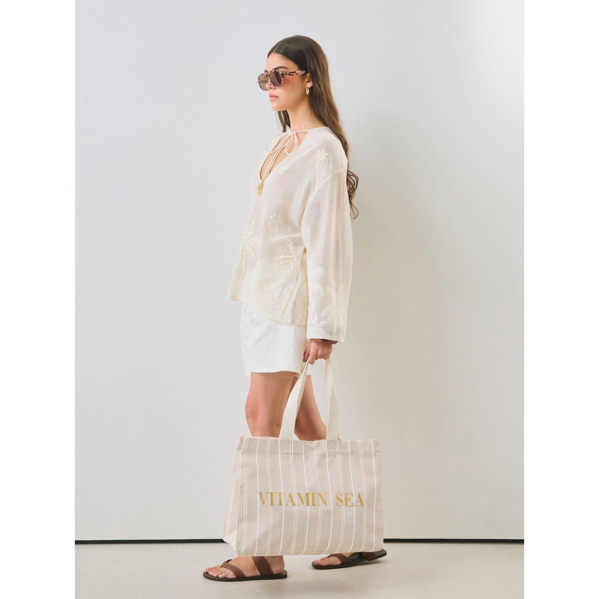 Cabas en coton rayure neutre, NEXT