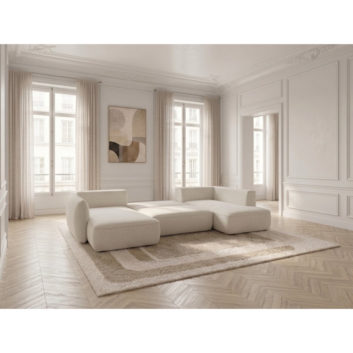 Canapé d'angle convertible 5 places en tissu chenille, ESMEE blanc, BOBOCHIC
