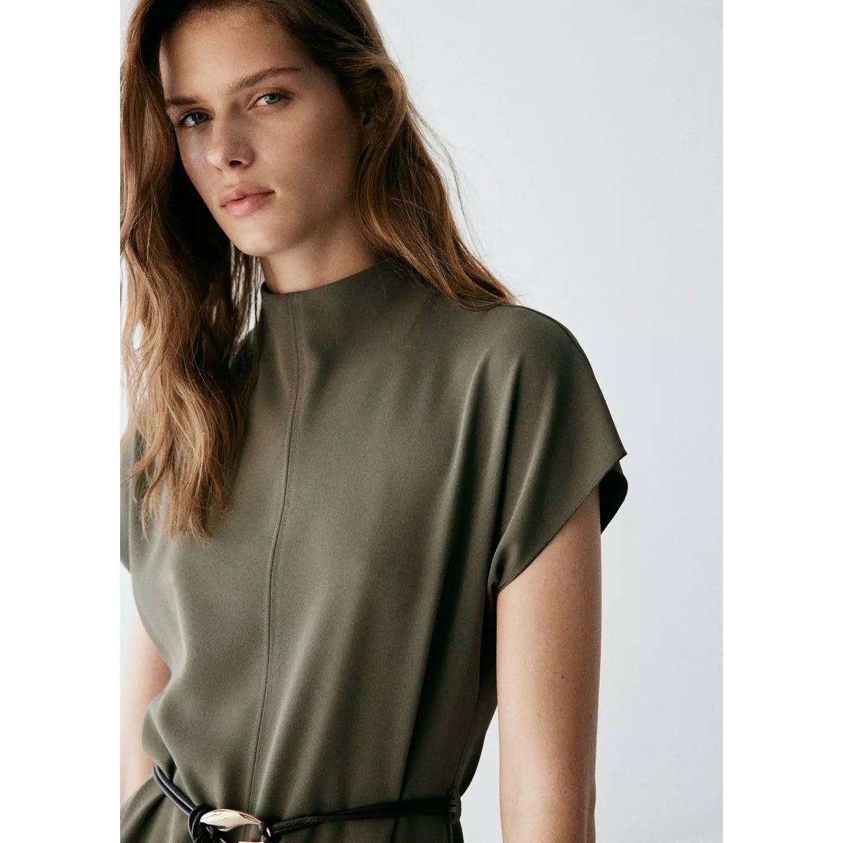 Veste à col montant avec ceinture marron, MANGO
