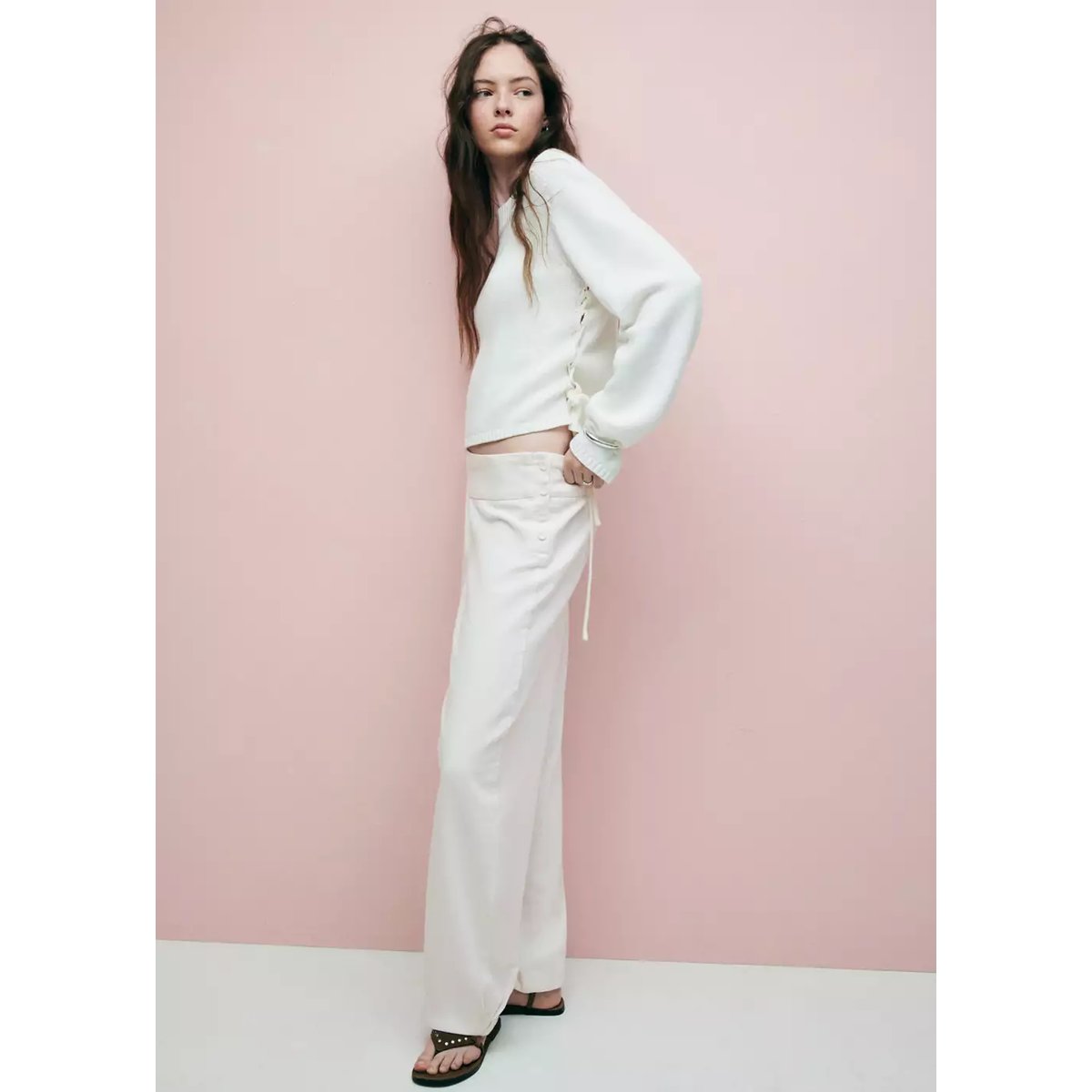 Pantalon barrel avec détail boutons blanc cassé, MANGO TEEN