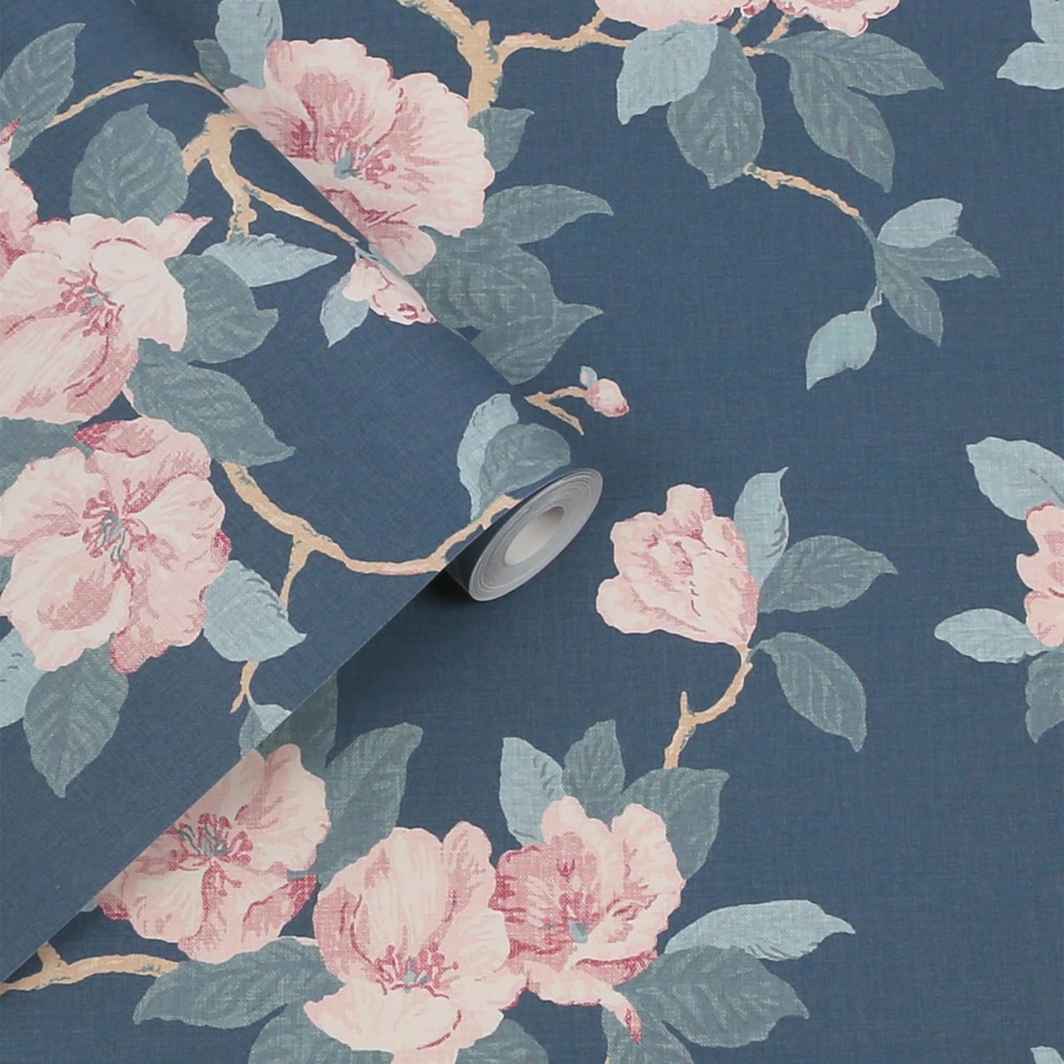 Papier peint roses du soir délicates Maya bleu, rose, LAURA ASHLEY