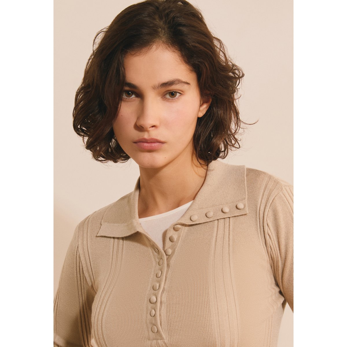 Pull manches longues à col polo STUART beige, ETAM