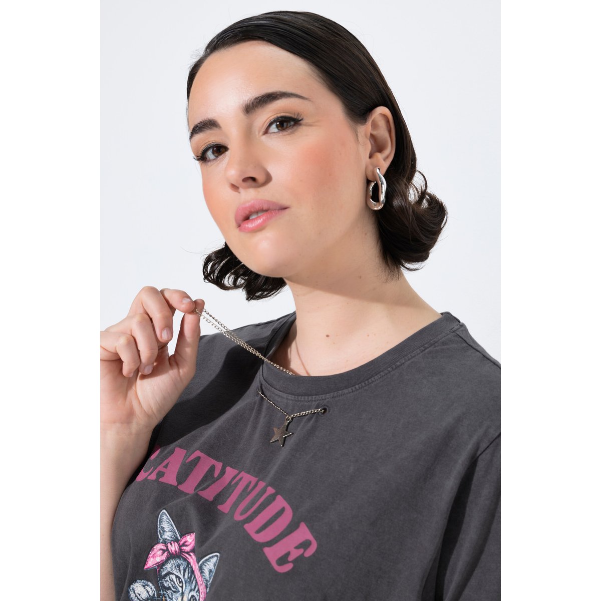 T-shirt, motif « Catitude », coupe Boxy Fit anthracite, ULLA POPKEN