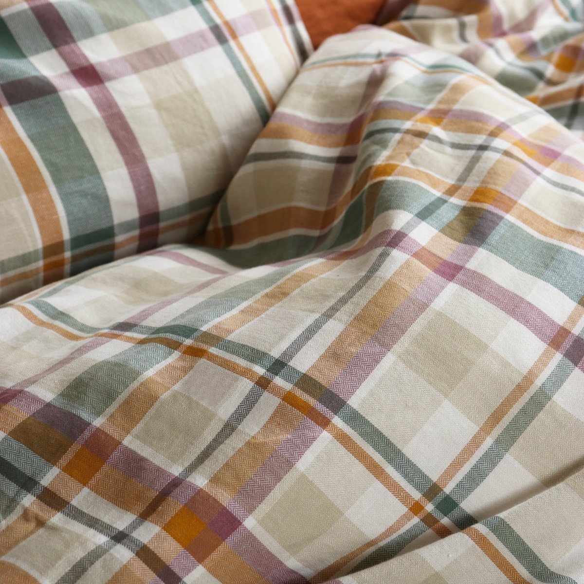 Housse de couette en métis lin et coton, PASSION MADRAS curcuma, BLANC CERISE