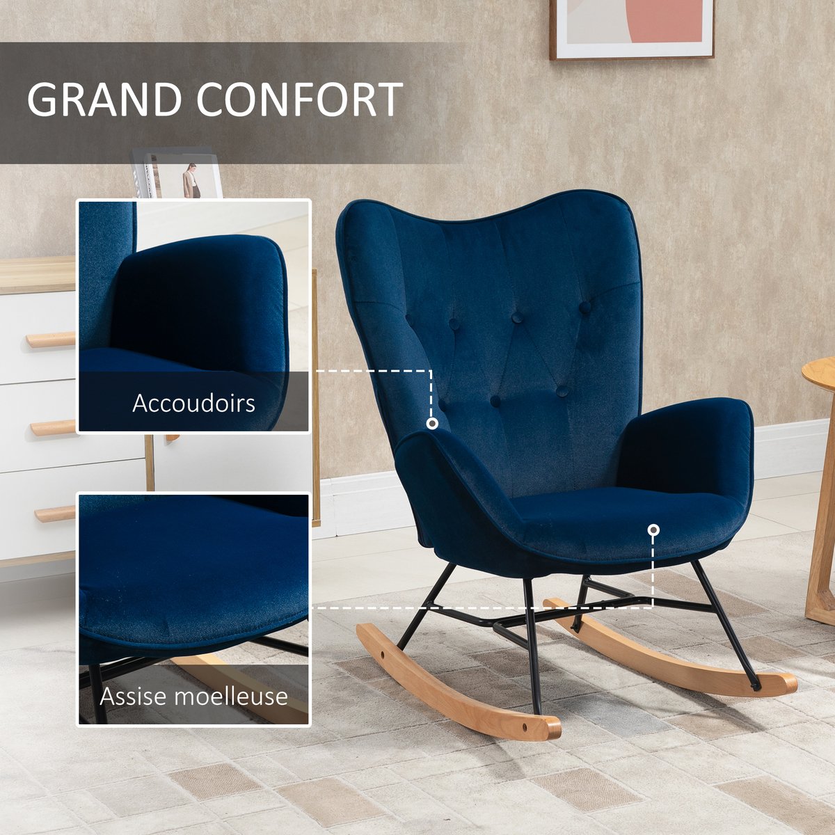 Fauteuil à bascule Velours (100% polyester) bleu, bois clair, noir, HOMCOM