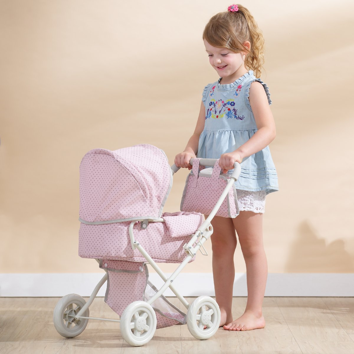 Poussette Landau Poupée avec Capote et Panier rose, TEAMSON KIDS