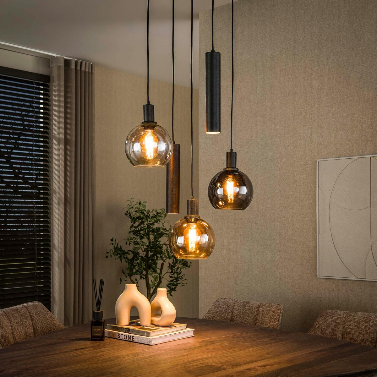 Suspension grande hauteur verre tricolore métal 5 lampes NOVA chrome, PIER IMPORT