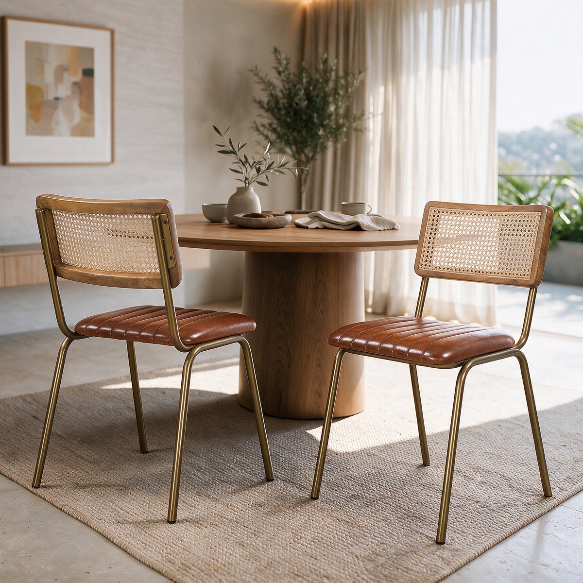 Lot de 2 chaises en cuir et cannage - ARSÈNE marron et métal doré, MAISON PAVANE