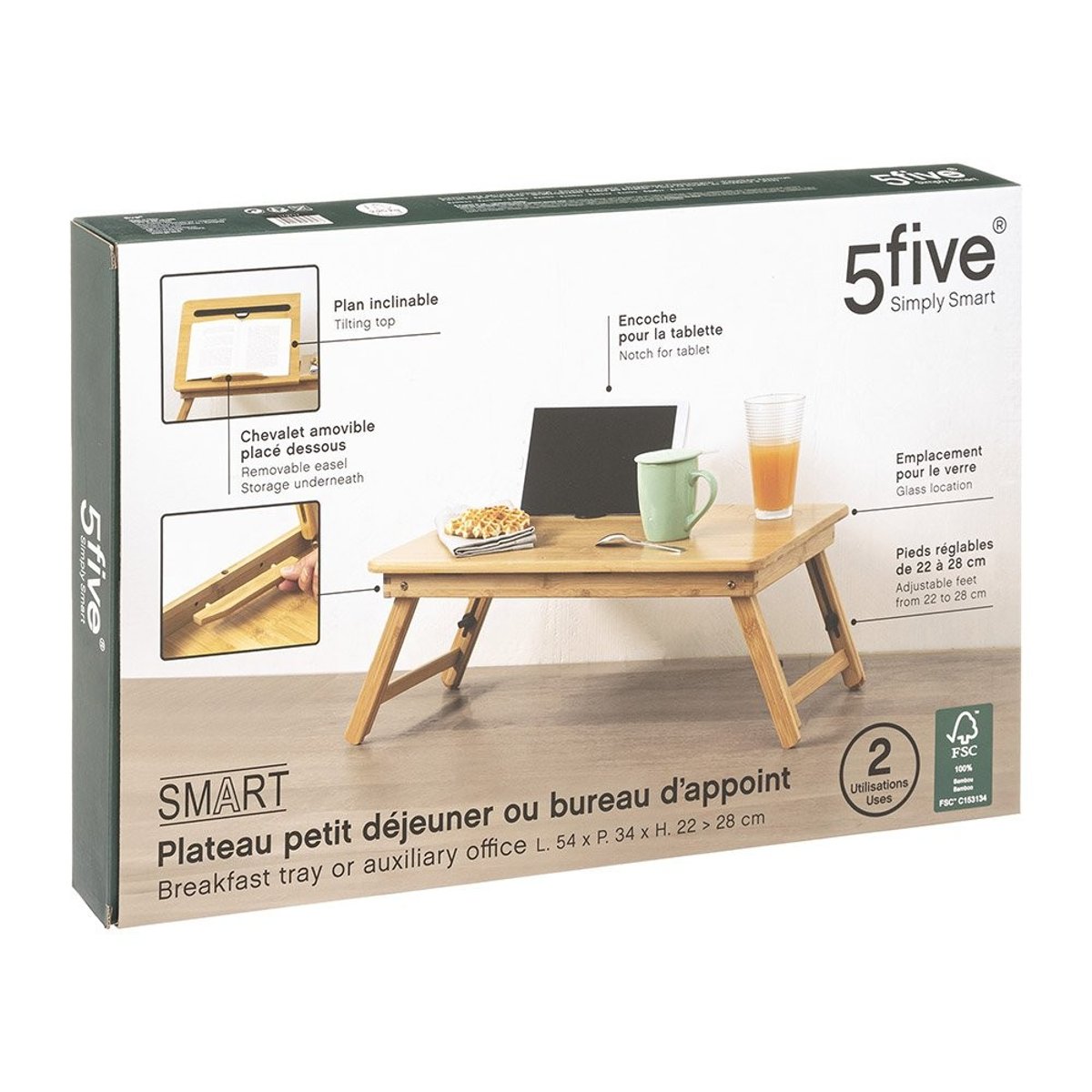 Plateau déjeuner bambou avec pieds smart 54x34 beige, ATMOSPHERA