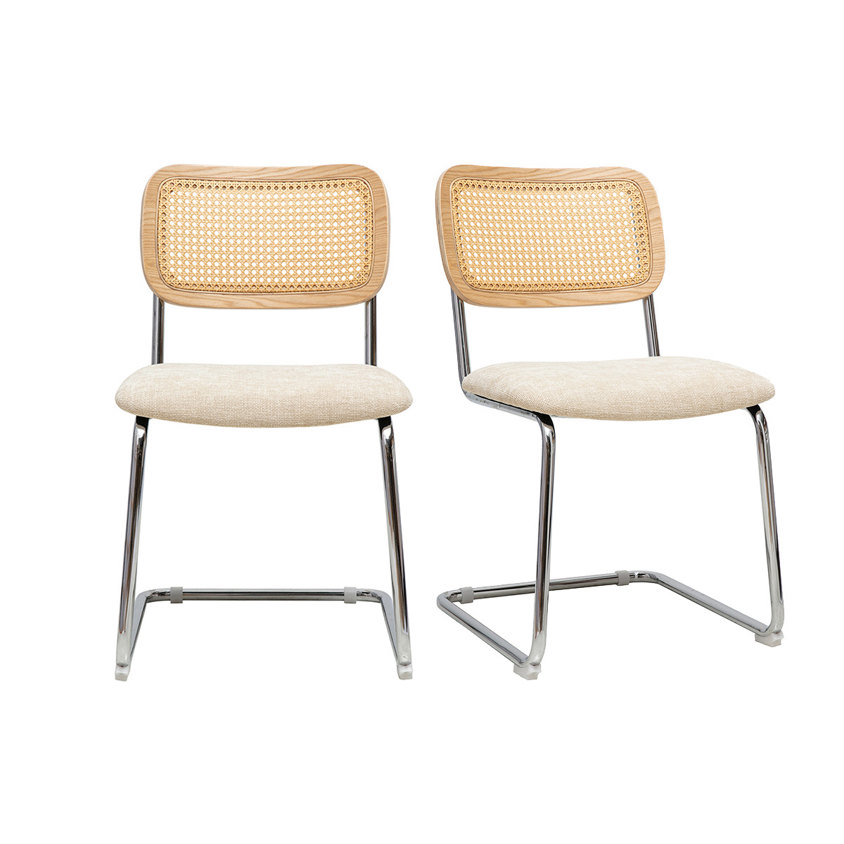 Chaises design en tissu effet velours texturé beige, métal chromé et cannage rotin (lot de 2) ELECTRA beige, MILIBOO