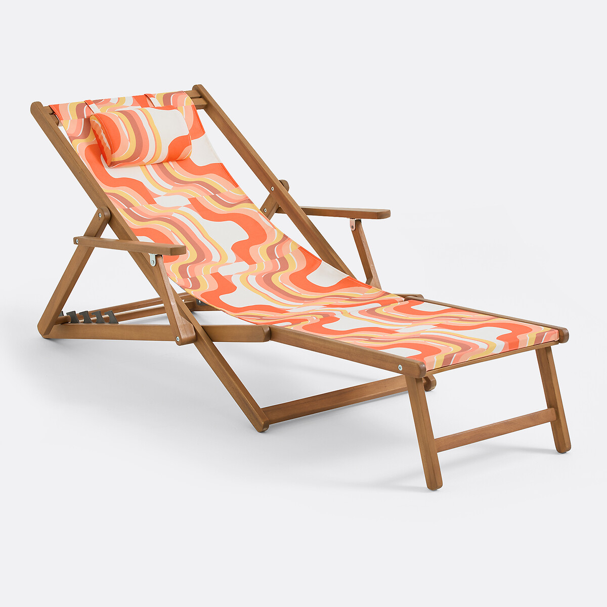 Chaise longue en acacia massif, tissu avec motif graphique, SONGE ORANGE orange/jaune, MAPOÉSIE X LA REDOUTE INTÉRIEURS
