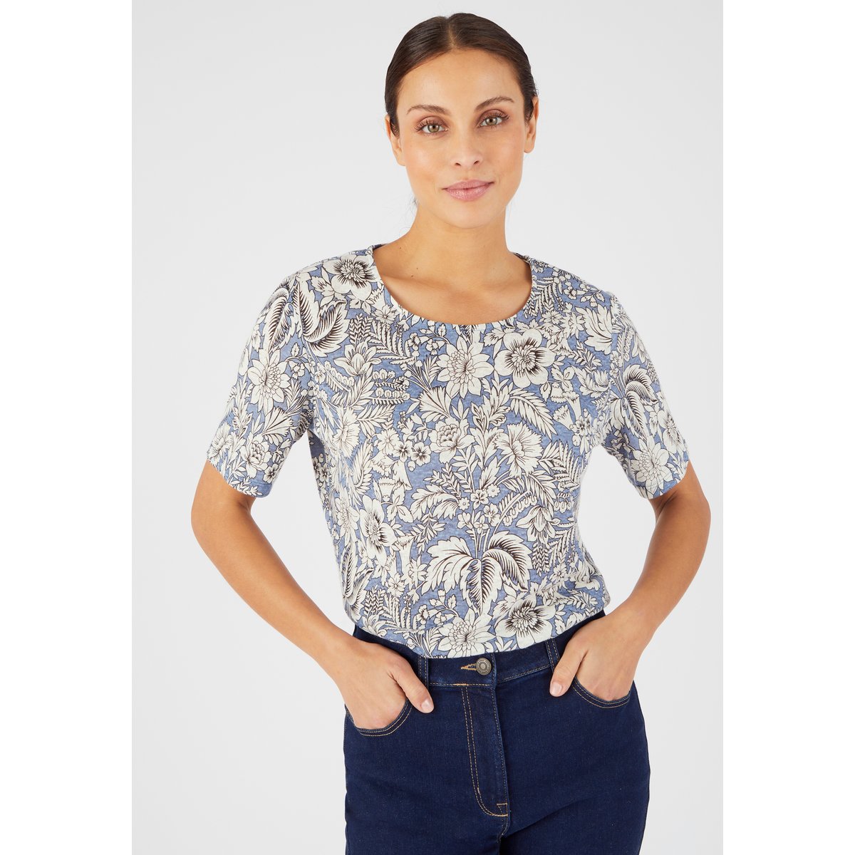 Tee-shirt en lin mélangé bleu fleuri, DAMART