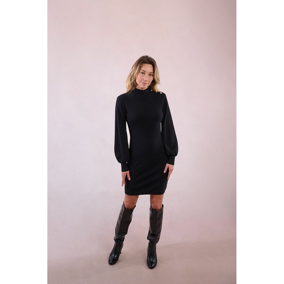 Knitted Jumper Dress with Balloon Sleeves black, MOLLY BRACKEN