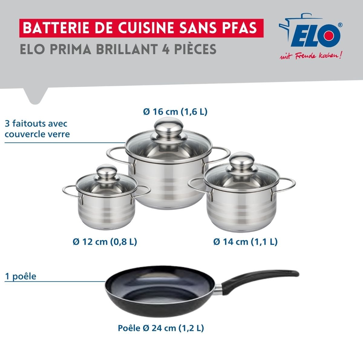 Batterie 1 poêle 24cm + 3 faitouts 12/14/16cm PRIMA BRILLANT noir, ELO
