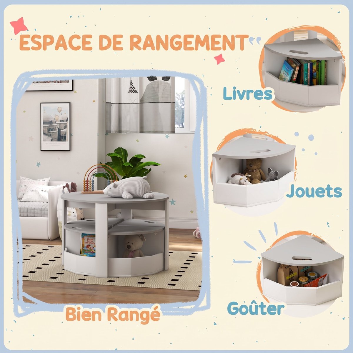 Ensemble table et chaises pour enfants MDF couleur unique, AIYAPLAY