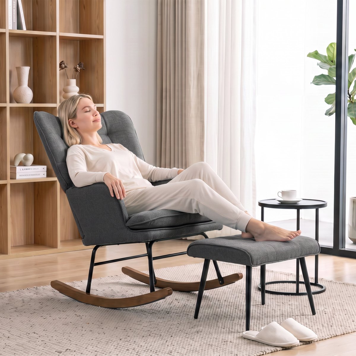Ensemble de fauteuils à bascule Tissu aspect gris, bois naturel et noir, HOMCOM
