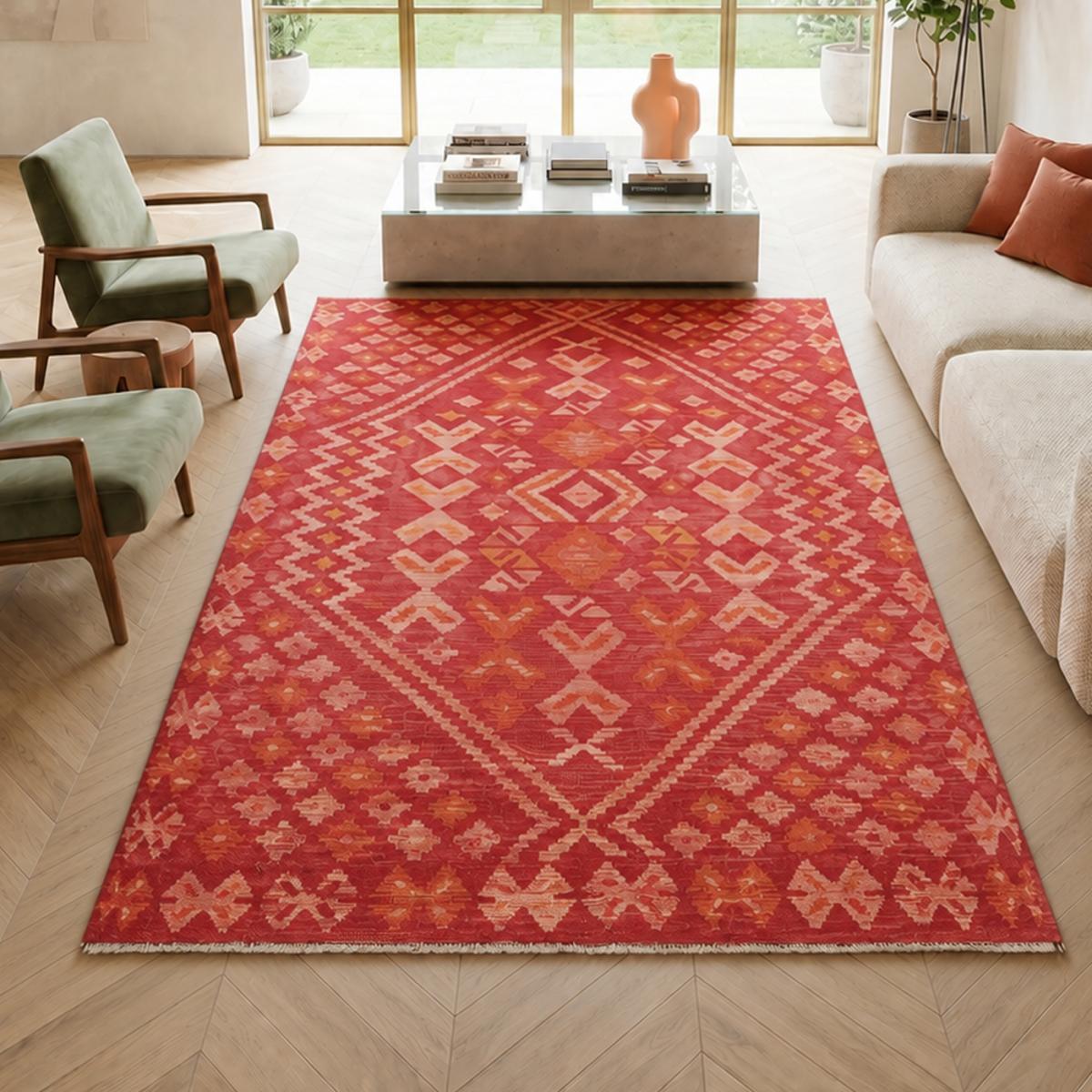 Tapis d'orient ethnique, tissé plat artisanal en laine, KILIM 17 rouge, orange, rose, UN AMOUR DE TAPIS