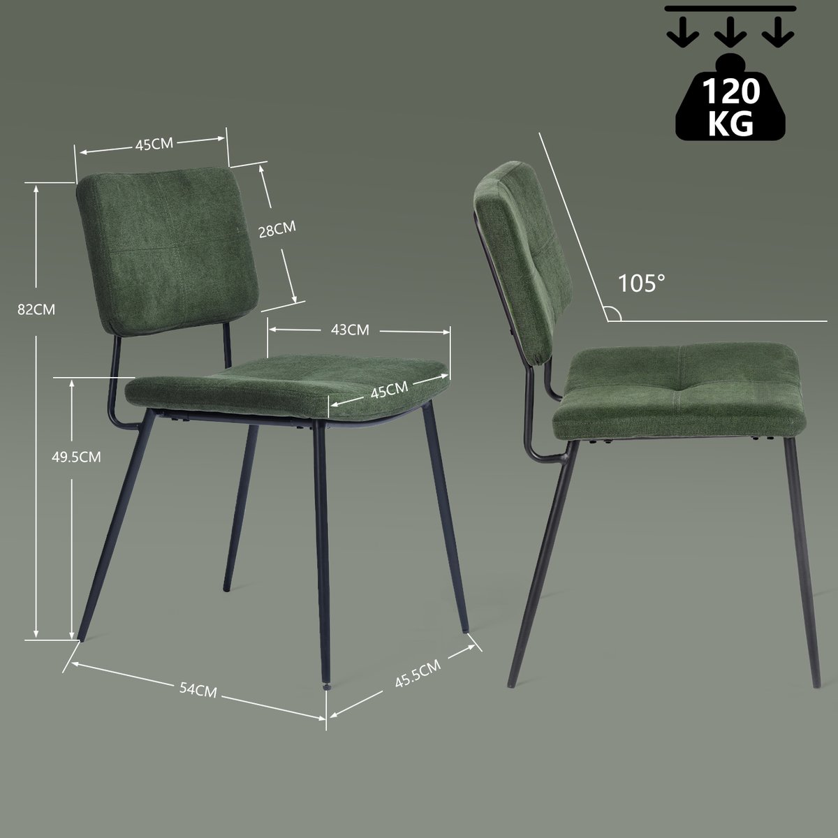 Lot de 2 chaises de salle à manger en tissu vert style industriel, KAROMI vert, MEUBLES COSY