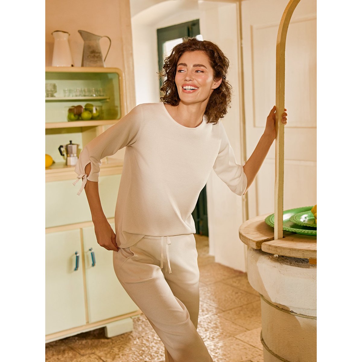 Pyjama pantalon top manches trois-quarts FREELY blanc, LISCA